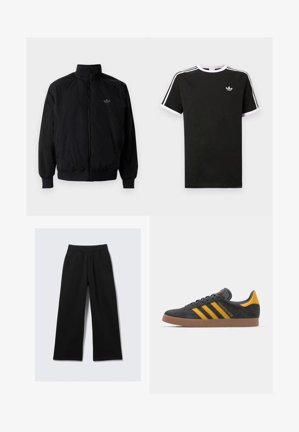 Crna jakna na zip s visokim ovratnikom, izrađena od laganog materijala. Ima elastične manžete i pojas, s malim logotipom na gornjem lijevom dijelu.; Crna majica s kratkim rukavima, izrađena od pamuka, s bijelim akcentima. Ima raglan dizajn i mali logo na prsima. Tri bijele pruge na ramenima.; Crne široke hlače izrađene od mekog materijala, s elastičnim pojasom i dva bočna džepa. Glatka tekstura, neutralan dizajn bez uzoraka.; Crne nubuk tenisice s žutim detaljima, sa tri pruge i smešnim gumenim potplatom. Imaju jastučić na jeziku za udobnost.