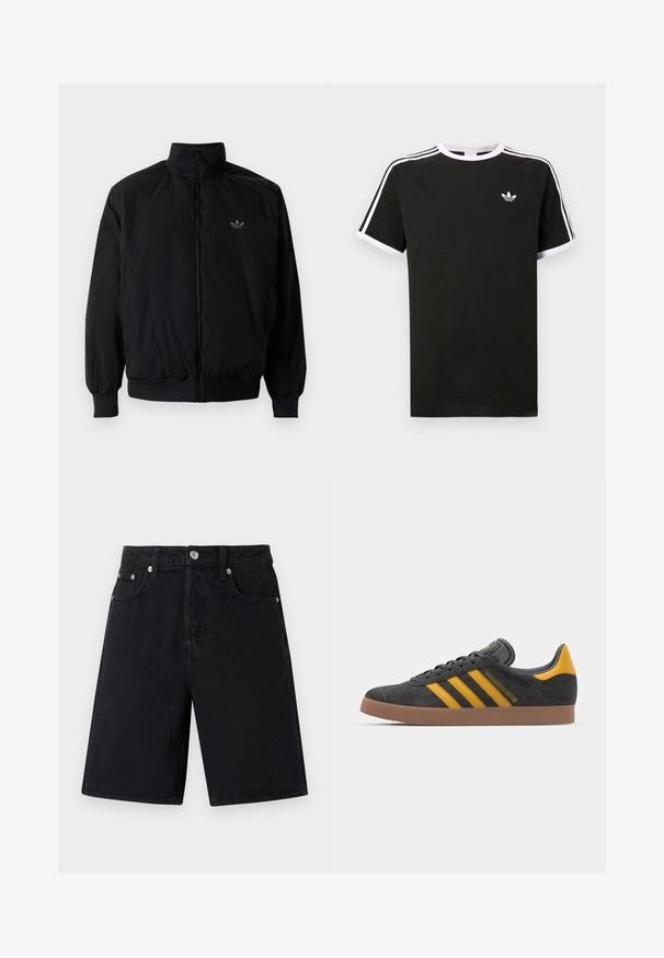 Black zipped jacket with high collar, made of lightweight material. Features elastic cuffs and waistband, with a small logo on the upper left.; Black t-shirt made of cotton with white accents. Features short sleeves, raglan design, and a small logo on the chest. Three white stripes on shoulders.; Black denim shorts with a straight cut. Features include a zip fly, five pockets, silver hardware, and a subtle textured finish.; Black suede sneaker with yellow accents, featuring three stripes and a brown rubber sole. Includes a padded tongue for comfort.