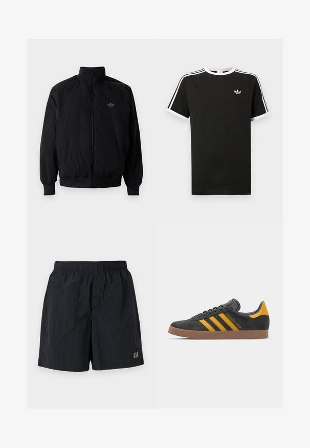 Sort lynlåsjakke med høj krave, fremstillet af letvægtsmateriale. Har elastiske manchetter og talje, med et lille logo på øverste venstre side.; Sort t-shirt lavet af bomuld med hvide accenter. Har korte ærmer, raglan-design og et lille logo på brystet. Tre hvide striber på skuldrene.; Sorte shorts med elastisk talje, med et logomærke nederst til højre, lavet af letvægtsstof med en krøllet tekstur.; Sort suedet sneaker med gule accenter, der har tre striber og en brun gummisål. Inkluderer en polstret tunge for komfort.