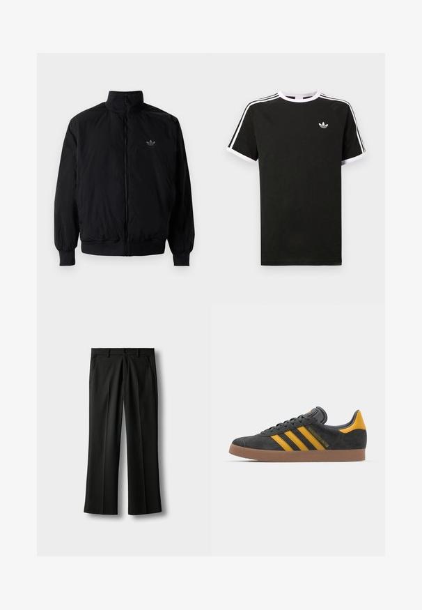 Musta vetoketjullinen takki, jossa on korkea kaulus, valmistettu kevyestä materiaalista. Varustettu joustavilla hihoilla ja vyötäröllä, ja ylävasemmalla on pieni logo.; Musta puuvillapaita valkoisilla accenteilla. Siinä on lyhyet hihat, raglan-muotoilu ja pieni logo rinnassa. Olkapäillä kolme valkoista raitaa.; Musta räätälöidyt housut, joissa vyölenkit, etunappi ja vetoketjukiinnitys, sivutaskut sekä lahkeissa taitteet vaalealla taustalla.; Mustat samettiset tennarit, joissa on keltaisia yksityiskohtia, kolmonen raita ja ruskea kumipohja. Sisältää pehmustetun kielisen mukavuutta varten.