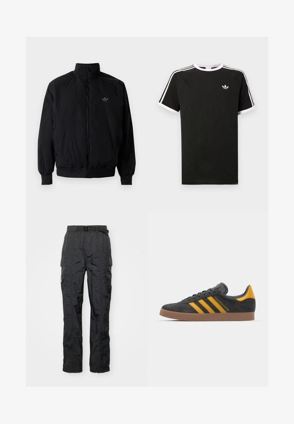 Crna jakna na zip s visokim ovratnikom, izrađena od laganog materijala. Ima elastične manžete i pojas, s malim logotipom na gornjem lijevom dijelu.; Crna majica s kratkim rukavima, izrađena od pamuka, s bijelim akcentima. Ima raglan dizajn i mali logo na prsima. Tri bijele pruge na ramenima.; Crne cargo hlače od lagane, teksturirane tkanine. Karakteristike uključuju remen, bočne džepove i detalje šivanja. Regularan kroj.; Crne nubuk tenisice s žutim detaljima, sa tri pruge i smešnim gumenim potplatom. Imaju jastučić na jeziku za udobnost.
