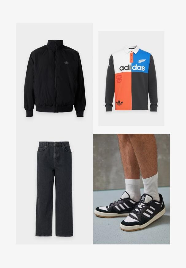 Crna jakna na zip s visokim ovratnikom, izrađena od laganog materijala. Ima elastične manžete i pojas, s malim logotipom na gornjem lijevom dijelu.; Majica s dugim rukavima u boji koja kombinira crnu, bijelu, narančastu i plavu, s ovratnikom, gumbima i istaknutim Adidas logotipom.; Tamno plave traperice s širokim nogavicama, dizajnom s pet džepova i kopčanjem na gumbi. Uključuju hardver u bakrenoj boji i suptilnu teksturu.; Crne i bijele tenisice s gornjim dijelom od antilopa i kože, s tri bijele pruge, perforiranim prstom i gumiranim potplatom.