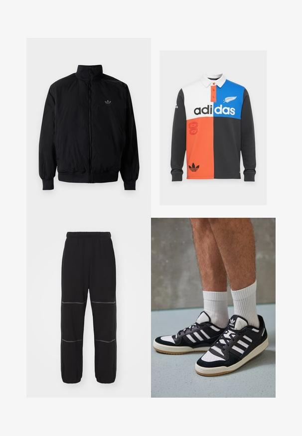 Svart zipjacka med hög krage, tillverkad av lätt material. Har elastiska cuffar och midja, med en liten logo på övre vänster.; Färgbelagd långärmad polo i svart, vitt, orange och blått, med krage, knappslå och framträdande Adidas-logotyp.; Svarta sweatpants med elastiskt midjeband, med kontrasterande grå sömmar och mudd. Designen inkluderar två horisontella sömmar på varje ben.; Svartvita sneakers med ovandel i mocka och läder, med tre vita ränder, perforerad tå och sula av gummigummi.