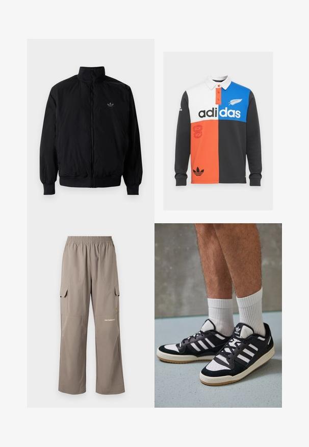 Zwarte geluiting jack met hoge kraag, gemaakt van lichtgewicht materiaal. Voorzien van elastische manchetten en tailleband, met een klein logo op de linkerbovenkant.; Kleurgeblokte lange mouwen polo shirt in zwart, wit, oranje en blauw, met een kraag, knoopsluiting en opvallende Adidas branding.; Cargo-broeken van lichtgewicht stof, in een taupe kleur, met een elastische tailleband, zijzakken en een subtiele merklogo.; Zwart-witte sneakers met een bovenwerk van suede en leer, voorzien van drie witte strepen, een geperforeerde neus en een rubberen gumzool.