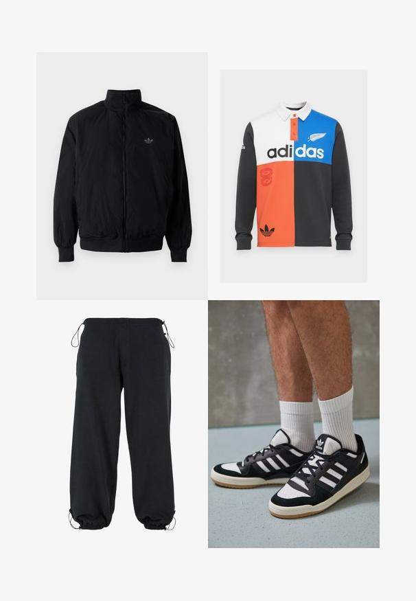 Schwarze Jacke mit Reißverschluss und hohem Kragen, aus leichtem Material gefertigt. Verfügt über elastische Bündchen und einen elastischen Saum, mit einem kleinen Logo oben links.; Langärmliges Polohemd mit Farbblockierung in Schwarz, Weiß, Orange und Blau, mit Kragen, Knopfleiste und auffälligem Adidas-Logo.; Schwarze Sweatpants aus weichem Stoff, mit lockerer Passform, elastischen Bündchen und Kordeln an der Taille für eine anpassbare Größe.; Schwarz-weiße Sneaker mit einem Obermaterial aus Wildleder und Leder, ausgestattet mit drei weißen Streifen, einer perforierten Zehenpartie und einer Sohle aus Gummi.