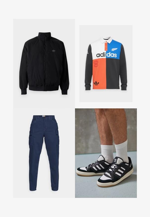 Svart zipjacka med hög krage, tillverkad av lätt material. Har elastiska cuffar och midja, med en liten logo på övre vänster.; Färgbelagd långärmad polo i svart, vitt, orange och blått, med krage, knappslå och framträdande Adidas-logotyp.; Marinblå cargobyxor med sidofickor, tapered bendesign, slät front och knäppning. Tillverkade av stabilt material med en ren finish.; Svartvita sneakers med ovandel i mocka och läder, med tre vita ränder, perforerad tå och sula av gummigummi.