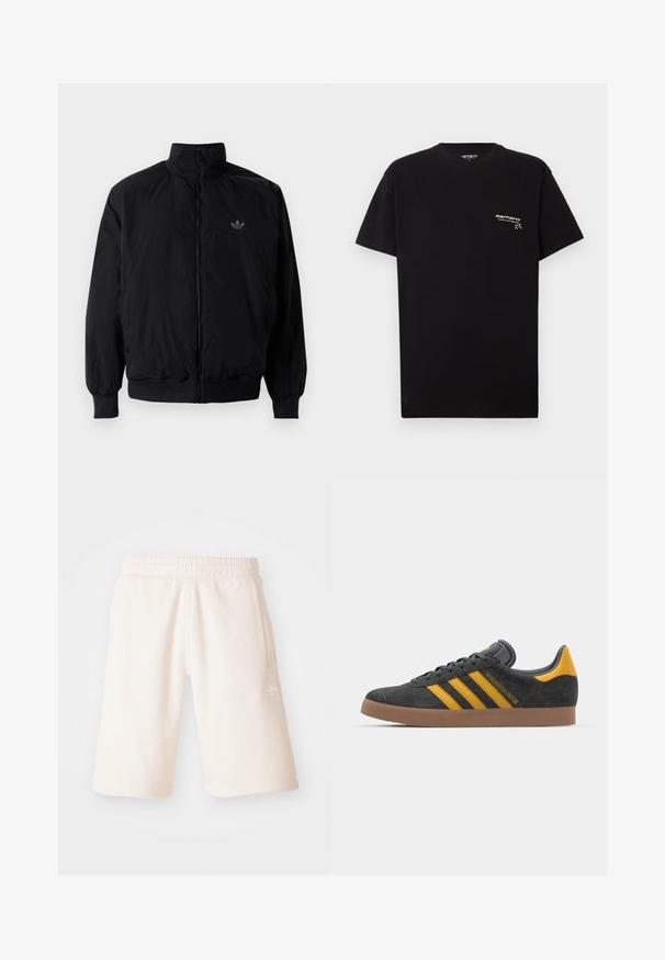 Černá zipová bunda s vysokým límcem, vyrobená z lehkého materiálu. Má elastické manžety a pas, s malým logem na horní levé straně.; Černé bavlněné tričko s krátkými rukávy, kulatým výstřihem a malým bílým logem potištěným na levé části hrudi.; Krémové bavlněné kraťasy s elastickým pasem, bočními kapsami a decentním logem na levé noze. Hladká struktura a délka do kolen.; Černé semišové tenisky se žlutými akcenty, vybavené třemi pruhy a hnědou gumovou podrážkou. Obsahují polstrovaný jazyk pro pohodlí.