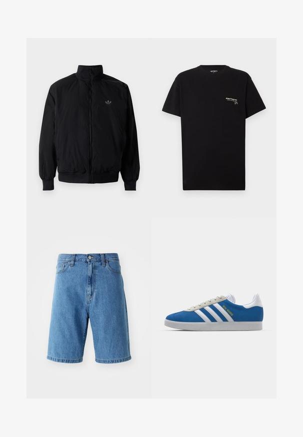 Musta vetoketjullinen takki, jossa on korkea kaulus, valmistettu kevyestä materiaalista. Varustettu joustavilla hihoilla ja vyötäröllä, ja ylävasemmalla on pieni logo.; Mustaa puuvillapaitaa lyhythihaisilla, pyöreällä kaula-aukolla ja pienellä valkoisella logolla vasemmassa rinta-alueessa.; Siniset farkkushortsit rentoa istuvuutta, vyötärö, jossa on vyölenkit, edessä nappikiinnitys ja käännetyt lahkeet. Ei näkyviä kuvioita tai yksityiskohtia.; adidas Originals ADIDAS GAZELLE SHOES - Sisäjalkapallokengät - real madrid/bluebird/footwear white/crew yellow