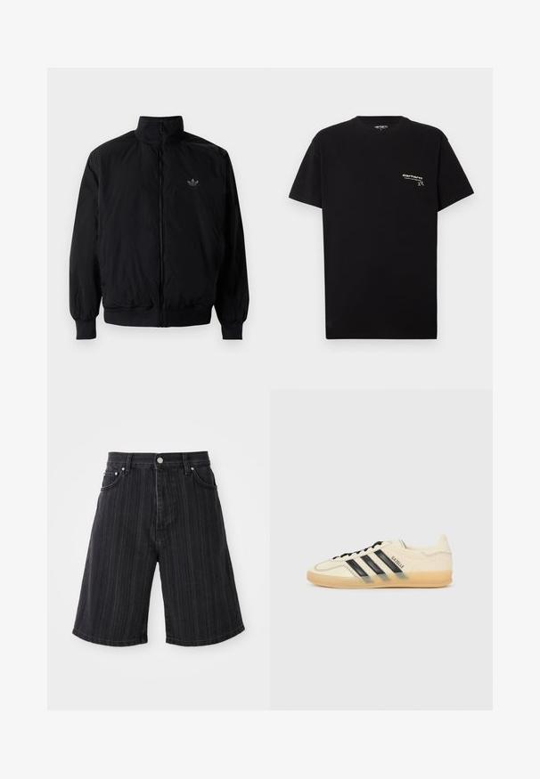 Black zipped jacket with high collar, made of lightweight material. Features elastic cuffs and waistband, with a small logo on the upper left.; Black cotton T-shirt with short sleeves, round neckline, and a small white logo printed on the left chest area.; Black denim shorts with a wide leg, featuring vertical pinstripes, front pockets, and metal hardware details.; Light cream sneaker with black three-stripe design, textured upper, round toe, and gum sole. Features laces and branding on side.