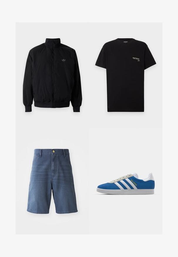 Zwarte geluiting jack met hoge kraag, gemaakt van lichtgewicht materiaal. Voorzien van elastische manchetten en tailleband, met een klein logo op de linkerbovenkant.; Zwarte katoenen T-shirt met korte mouwen, ronde hals en een klein wit logo gedrukt op de linkerkant van de borst.; Donkerblauwe denimshorts, met knoopsluiting, riemlussen en twee voorzakken. Soepele textuur met een rechte snit.; adidas Originals ADIDAS GAZELLE SHOES - Zaalvoetbalschoenen - real madrid/bluebird/footwear white/crew yellow