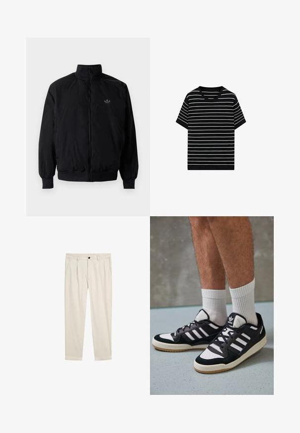 Black zipped jacket with high collar, made of lightweight material. Features elastic cuffs and waistband, with a small logo on the upper left.; Black short-sleeve t-shirt featuring thin white horizontal stripes, v-neck design, and a soft, smooth texture. Simple and versatile style.; Light beige trousers with a relaxed fit, featuring two side pockets, a single button closure, and a smooth, soft cotton blend texture.; Black and white sneakers with a suede and leather upper, featuring three white stripes, a perforated toe, and a gum rubber sole.