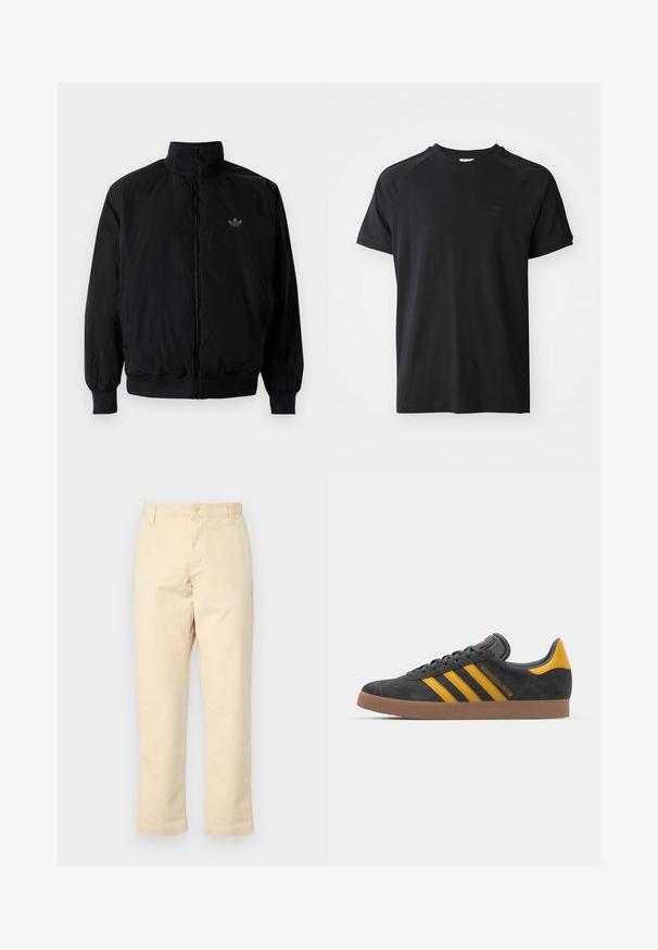 Musta vetoketjullinen takki, jossa on korkea kaulus, valmistettu kevyestä materiaalista. Varustettu joustavilla hihoilla ja vyötäröllä, ja ylävasemmalla on pieni logo.; Musta puuvillapaita, jossa on pyöreä kaula-aukko, lyhyet hihat ja raglan-design. Vasemmassa rinnassa on teksturoitu logo. Tasainen pinta.; Beige puuvillahousut suoran lahkeen leikkauksella, edessä nappikiinnitys ja kaksi sivutaskua, kevyellä ribbitetyllä pinnalla.; Mustat samettiset tennarit, joissa on keltaisia yksityiskohtia, kolmonen raita ja ruskea kumipohja. Sisältää pehmustetun kielisen mukavuutta varten.