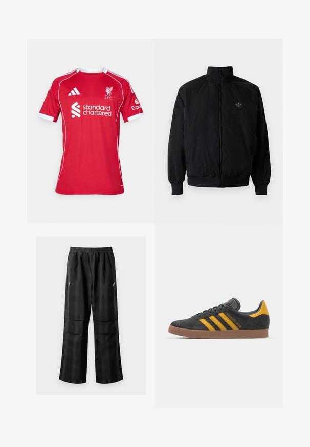 Musta vetoketjullinen takki, jossa on korkea kaulus, valmistettu kevyestä materiaalista. Varustettu joustavilla hihoilla ja vyötäröllä, ja ylävasemmalla on pieni logo.; Punainen lyhythihainen jalkapallosukka, joka on valmistettu polyesteristä ja jossa on valkoisia yksityiskohtia, pyöreä kaula-aukko sekä L.F.C.:n ja Standard Charteredin logot.; Mustat ruudulliset housut, joissa on joustava vyötärö, kaksi etutaskua ja rento istuvuus suoralla lahkeella. Valmistettu kevyestä materiaalista.; Mustat samettiset tennarit, joissa on keltaisia yksityiskohtia, kolmonen raita ja ruskea kumipohja. Sisältää pehmustetun kielisen mukavuutta varten.
