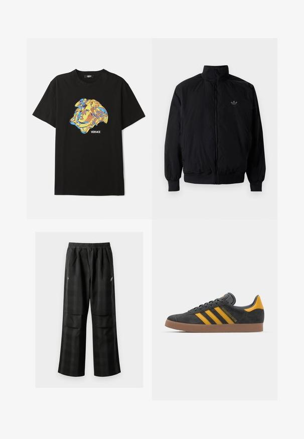 Veste noire à fermeture éclair avec col haut, fabriquée en matériau léger. Dotée de poignets et d'une taille élastiques, avec un petit logo en haut à gauche.; T-shirt noir en coton avec un graphique coloré d'un visage en bleu et jaune, avec le texte "VERSACE" en dessous. Encolure ronde classique et manches courtes.; Pantalons à carreaux noirs avec une taille élastique, deux poches avant et une coupe ample avec une conception à jambe droite. Fabriqués en matériau léger.; Baskets en suede noir avec des accents jaunes, présentant trois rayures et une semelle en caoutchouc marron. Comprend une languette rembourrée pour le confort.