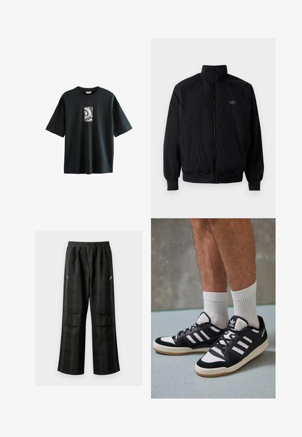 Black zipped jacket with high collar, made of lightweight material. Features elastic cuffs and waistband, with a small logo on the upper left.; Next JAPANESE SURF GRAPHIC - Print T-shirt - black; Black plaid pants featuring an elastic waistband, two front pockets, and a loose fit with a straight leg design. Made from lightweight material.; Black and white sneakers with a suede and leather upper, featuring three white stripes, a perforated toe, and a gum rubber sole.