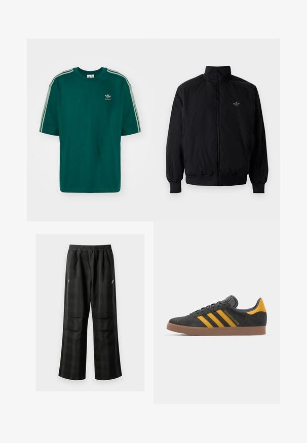 Černá zipová bunda s vysokým límcem, vyrobená z lehkého materiálu. Má elastické manžety a pas, s malým logem na horní levé straně.; Zelené bavlněné tričko s kulatým výstřihem a krátkým rukávem. Tři bílé pruhy podél ramen. Na hrudi se nachází malé logo.; Černé kostkované kalhoty s elastickým pasem, dvěma předními kapsami a volným střihem se rovnými nohavicemi. Vyrobeny z lehkého materiálu.; Černé semišové tenisky se žlutými akcenty, vybavené třemi pruhy a hnědou gumovou podrážkou. Obsahují polstrovaný jazyk pro pohodlí.