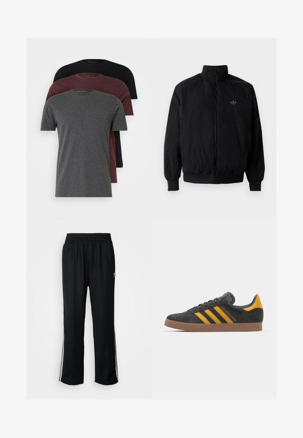 Black zipped jacket with high collar, made of lightweight material. Features elastic cuffs and waistband, with a small logo on the upper left.; Three short-sleeve t-shirts in dark gray, burgundy, and black. Made from soft cotton, featuring a crew neck and a relaxed fit.; Black athletic pants with an elastic waistband, featuring white side stripes and a small logo. Material appears soft and lightweight.; Black suede sneaker with yellow accents, featuring three stripes and a brown rubber sole. Includes a padded tongue for comfort.