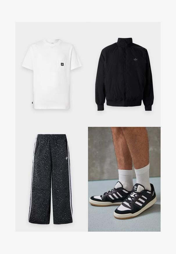 Čierna zips kombinéza s vysokým golierom, vyrobená z ľahkého materiálu. Obsahuje elastické manžety a pás, s malým logom na hornej ľavej strane.; Biele bavlnené tričko s okrúhlym výstrihom, krátkymi rukávmi a náprsným vreckom s čiernou logovou nášivkou. Hladká textúra, uvoľnený strih.; adidas Originals GRAPHIC UNISEX - Tepláky - black; Čierno-biele tenisky s vrchom z semišu a kože, s troma bielymi pruhmi, perforovanou špičkou a gumovou podrážkou.