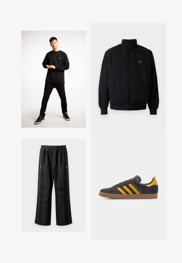 Black zipped jacket with high collar, made of lightweight material. Features elastic cuffs and waistband, with a small logo on the upper left.; Black long-sleeve shirt featuring a small yellow logo, paired with black jeans and black sneakers, highlighted by white soles.; Black plaid pants featuring an elastic waistband, two front pockets, and a loose fit with a straight leg design. Made from lightweight material.; Black suede sneaker with yellow accents, featuring three stripes and a brown rubber sole. Includes a padded tongue for comfort.