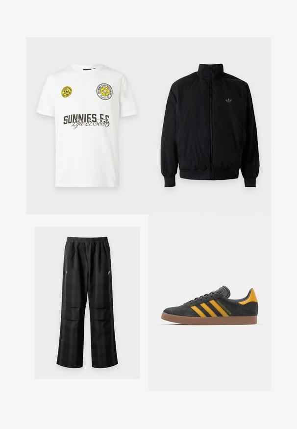 Čierna zips kombinéza s vysokým golierom, vyrobená z ľahkého materiálu. Obsahuje elastické manžety a pás, s malým logom na hornej ľavej strane.; Biele bavlnené tričko s krátkymi rukávmi. Má dve kruhové nášivky, jednu žltú a jednu čiernu, a čierny text „SUNNIES FC“ a „Lyle & Scott“.; Čierne kockované nohavice s elastickým pásom, dvoma prednými vreckami a voľným strihom so rovnými nohavicami. Vyrobené z ľahkého materiálu.; Čierne semišové tenisky so žltými akcentmi, ktoré majú tri pruhy a hnedú gumovú podrážku. Obsahujú vypolstrovaný jazyk pre pohodlie.