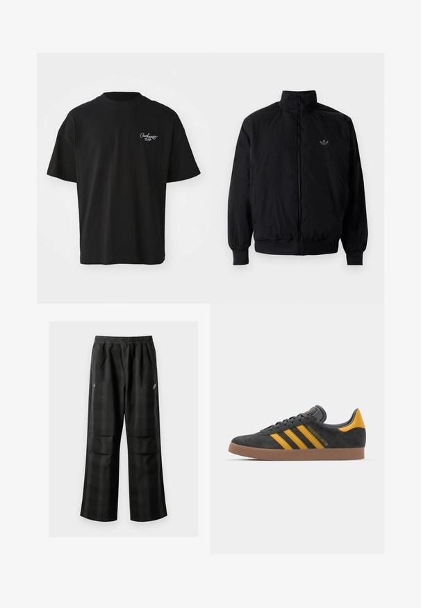 Black zipped jacket with high collar, made of lightweight material. Features elastic cuffs and waistband, with a small logo on the upper left.; Black cotton t-shirt with short sleeves, round neckline, featuring white embroidered logo on the left chest. Standard fit, smooth texture.; Black plaid pants featuring an elastic waistband, two front pockets, and a loose fit with a straight leg design. Made from lightweight material.; Black suede sneaker with yellow accents, featuring three stripes and a brown rubber sole. Includes a padded tongue for comfort.