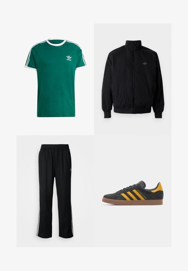 Černá zipová bunda s vysokým límcem, vyrobená z lehkého materiálu. Má elastické manžety a pas, s malým logem na horní levé straně.; Zelené bavlněné tričko s bílým límečkem a manžetami. Má bílé trojité pruhování na ramenech a malé bílé logo na hrudi.; Černé sportovní kalhoty s elastickým pasem, s bílými bočními pruhy a malým logem. Materiál vypadá měkce a lehce.; Černé semišové tenisky se žlutými akcenty, vybavené třemi pruhy a hnědou gumovou podrážkou. Obsahují polstrovaný jazyk pro pohodlí.