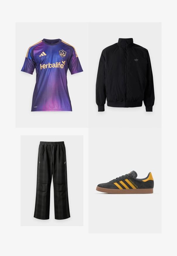 Černá zipová bunda s vysokým límcem, vyrobená z lehkého materiálu. Má elastické manžety a pas, s malým logem na horní levé straně.; Fialovo-modrý gradientový fotbalový dres s vertikálními pruhy, zdobený zlatými akcenty, logem a textem sponzora v kontrastní barvě.; Černé kostkované kalhoty s elastickým pasem, dvěma předními kapsami a volným střihem se rovnými nohavicemi. Vyrobeny z lehkého materiálu.; Černé semišové tenisky se žlutými akcenty, vybavené třemi pruhy a hnědou gumovou podrážkou. Obsahují polstrovaný jazyk pro pohodlí.