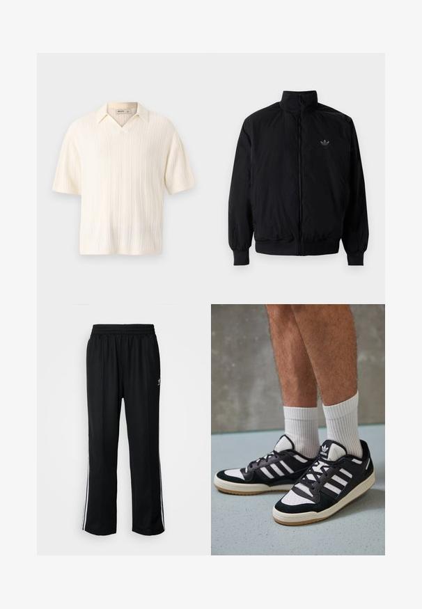 Černá zipová bunda s vysokým límcem, vyrobená z lehkého materiálu. Má elastické manžety a pas, s malým logem na horní levé straně.; Krátký rukáv, krémová pletená polokošile s designem ve tvaru V, zdobená vertikálním žebrováním a klasickým límcem.; Černé sportovní kalhoty s elastickým pasem, s bílými bočními pruhy a malým logem. Materiál vypadá měkce a lehce.; Černobílé tenisky s vrchní částí z semišové a kožené kůže, včetně tří bílých pruhů, perforovaného špičky a podrážky z gumy.
