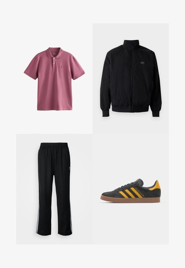 Svart zipjacka med hög krage, tillverkad av lätt material. Har elastiska cuffar och midja, med en liten logo på övre vänster.; Pikétröja i dämpad mauve, tillverkad av lätt bomull. Har en klassisk krage, tre knappar, korta ärmar och en liten broderad logotyp.; Svarta träningsbyxor med elastisk midja, med vita sidostreck och en liten logotyp. Materialet verkar mjukt och lätt.; Svart mockaskor med gula accenter, med tre ränder och en brun gummisula. Inkluderar en vadderad tunga för extra komfort.