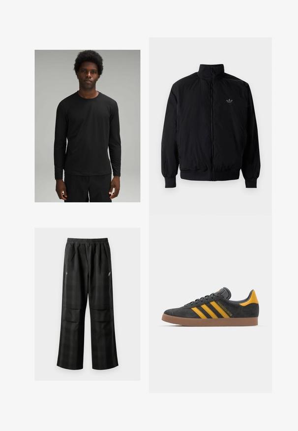 Černá zipová bunda s vysokým límcem, vyrobená z lehkého materiálu. Má elastické manžety a pas, s malým logem na horní levé straně.; Černá dlouhá košile s kulatým výstřihem, vyrobená z hladké tkaniny, s volným střihem a minimálním švem.; Černé kostkované kalhoty s elastickým pasem, dvěma předními kapsami a volným střihem se rovnými nohavicemi. Vyrobeny z lehkého materiálu.; Černé semišové tenisky se žlutými akcenty, vybavené třemi pruhy a hnědou gumovou podrážkou. Obsahují polstrovaný jazyk pro pohodlí.