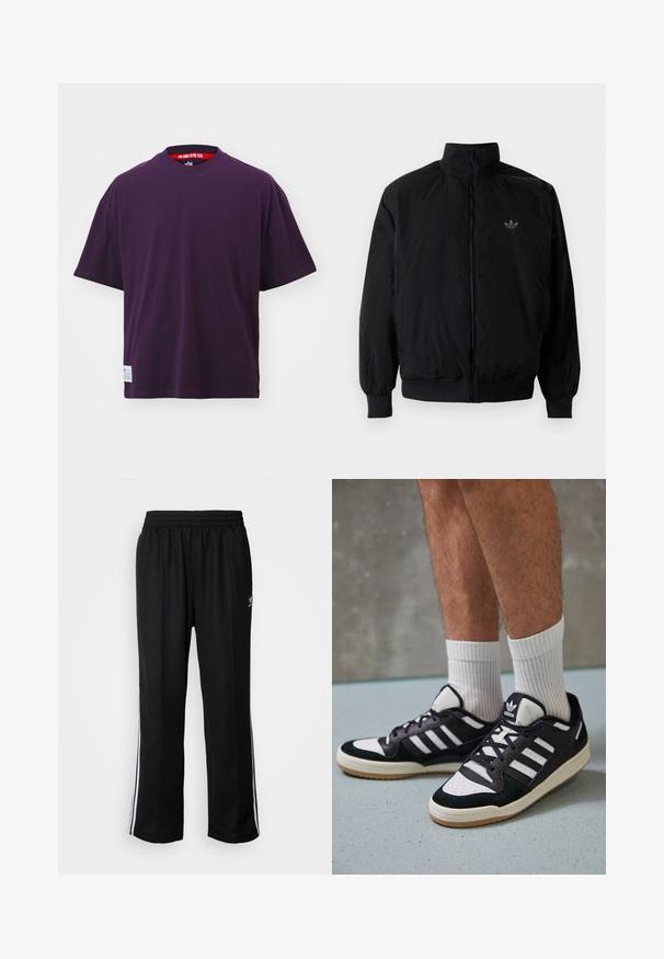 Black zipped jacket with high collar, made of lightweight material. Features elastic cuffs and waistband, with a small logo on the upper left.; Purple short-sleeve t-shirt made of cotton. Features a round neck and a tag on the bottom left. Smooth texture and loose fit.; Black athletic pants with an elastic waistband, featuring white side stripes and a small logo. Material appears soft and lightweight.; Black and white sneakers with a suede and leather upper, featuring three white stripes, a perforated toe, and a gum rubber sole.