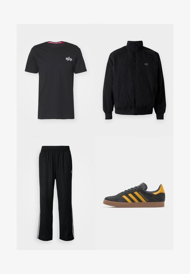Sort lynlåsjakke med høj krave, fremstillet af letvægtsmateriale. Har elastiske manchetter og talje, med et lille logo på øverste venstre side.; Sort bomulds t-shirt med korte ærmer. Har et lille hvidt logo på venstre bryst og en kontrastfarvet rød indvendig halsudskæring.; Sorte træningsbukser med elastisk talje, der har hvide sidestænger og et lille logo. Materialet ser blødt og let ud.; Sort suedet sneaker med gule accenter, der har tre striber og en brun gummisål. Inkluderer en polstret tunge for komfort.
