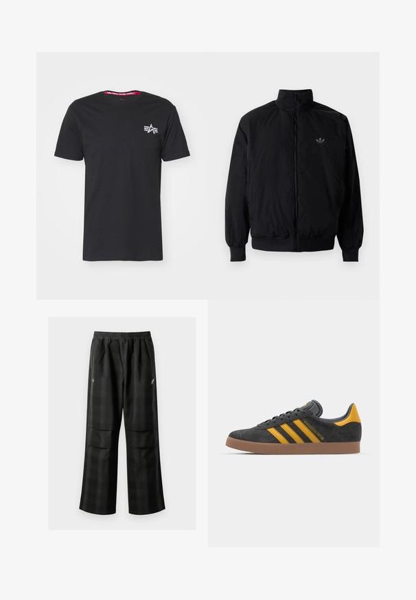 Svart zipjacka med hög krage, tillverkad av lätt material. Har elastiska cuffar och midja, med en liten logo på övre vänster.; Svart bomullströja med korta ärmar. Har en liten vit logotyp på vänster bröst och en kontrasterande röd innerkrage.; Svarta rutiga byxor med elastisk midja, två framfickor och en lös passform med rak bendesign. Tillverkade av lätt material.; Svart mockaskor med gula accenter, med tre ränder och en brun gummisula. Inkluderar en vadderad tunga för extra komfort.