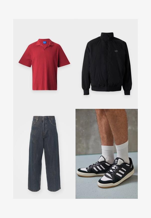 Sort lynlåsjakke med høj krave, fremstillet af letvægtsmateriale. Har elastiske manchetter og talje, med et lille logo på øverste venstre side.; Rød kortærmet polo shirt med vertikal ribbet tekstur, en klippet krave og et mærkat på indersiden af halsudskæringen.; Bredde ben mørkeblå denim jeans med subtilt slidte tekstur, fem lommer og en klassisk knap- og lynlåslukning i taljen.; Sorte og hvide sneakers med en overdel i ruskind og læder, der har tre hvide striber, en perforeret tå og en sål i gummigummi.
