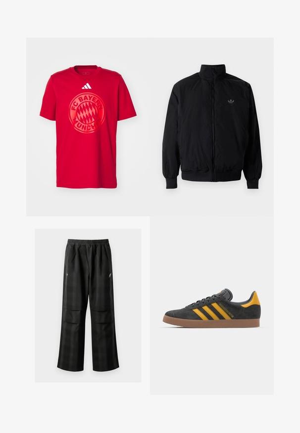 Black zipped jacket with high collar, made of lightweight material. Features elastic cuffs and waistband, with a small logo on the upper left.; Red cotton t-shirt featuring a large circular FC Bayern München logo in the center. Adidas three-stripe logo on the upper right.; Black plaid pants featuring an elastic waistband, two front pockets, and a loose fit with a straight leg design. Made from lightweight material.; Black suede sneaker with yellow accents, featuring three stripes and a brown rubber sole. Includes a padded tongue for comfort.