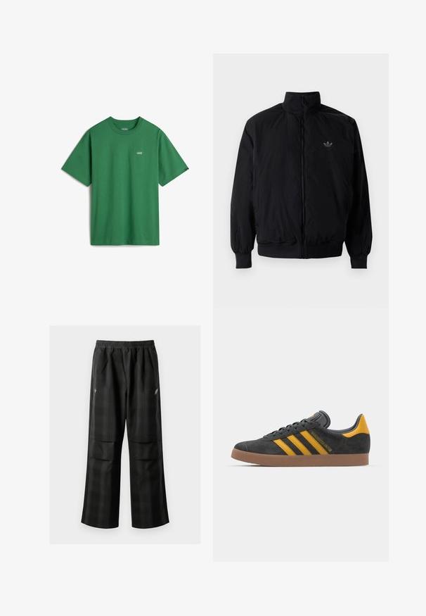 Black zipped jacket with high collar, made of lightweight material. Features elastic cuffs and waistband, with a small logo on the upper left.; Green cotton t-shirt with short sleeves, a crew neck, and a small white Vans logo on the chest. Smooth texture, relaxed fit.; Black plaid pants featuring an elastic waistband, two front pockets, and a loose fit with a straight leg design. Made from lightweight material.; Black suede sneaker with yellow accents, featuring three stripes and a brown rubber sole. Includes a padded tongue for comfort.