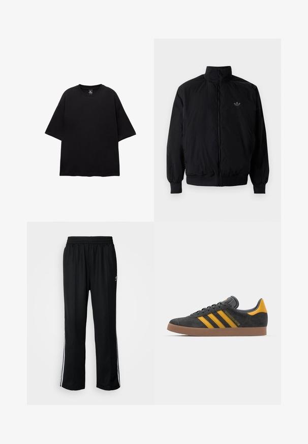 Crna jakna na zip s visokim ovratnikom, izrađena od laganog materijala. Ima elastične manžete i pojas, s malim logotipom na gornjem lijevom dijelu.; Crna oversized majica od pamuka. Kratki rukavi, okrugli izrez i ravni rub. Bez uzoraka ili ukrasa. Jednostavan i moderni dizajn.; Crne sportske hlače s elastičnom trakom oko struka, s bijelim bočnim prugama i malim logotipom. Materijal izgleda mekan i lagan.; Crne nubuk tenisice s žutim detaljima, sa tri pruge i smešnim gumenim potplatom. Imaju jastučić na jeziku za udobnost.