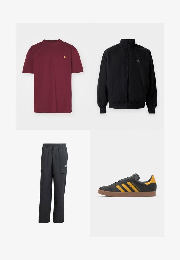 Giacca nera con zip e colletto alto, realizzata in materiale leggero. Presenta polsini e vita elastici, con un piccolo logo in alto a sinistra.; Carhartt WIP AMERICAN SCRIPT - T-shirt basic - malbec; Pantaloni cargo neri con un elastico in vita, due tasche laterali e un logo discreto sulla coscia sinistra. Realizzati in un tessuto leggero.; Sneaker in suede nero con dettagli gialli, dotato di tre strisce e una suola in gomma marrone. Include una linguetta imbottita per il comfort.