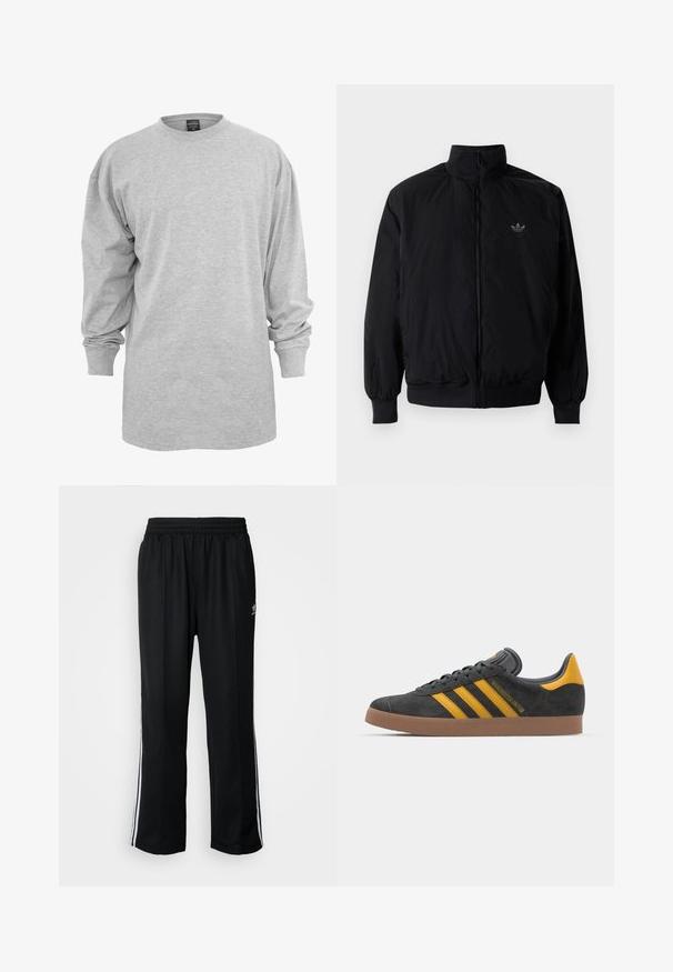 Schwarze Jacke mit Reißverschluss und hohem Kragen, aus leichtem Material gefertigt. Verfügt über elastische Bündchen und einen elastischen Saum, mit einem kleinen Logo oben links.; Hellgraues longsleeve T-Shirt aus Baumwollmischung. Verfügt über einen Rundhalsausschnitt und eine lockere Passform mit gerippten Bündchen, ohne Muster oder Akzente.; Schwarze Sporthosen mit elastischem Bund, ausgestattet mit weißen Seitenstreifen und einem kleinen Logo. Das Material wirkt weich und leicht.; Schwarze Wildledersneaker mit gelben Akzenten, ausgestattet mit drei Streifen und einer braunen Gummisohle. Enthält eine gepolsterte Zunge für zusätzlichen Komfort.