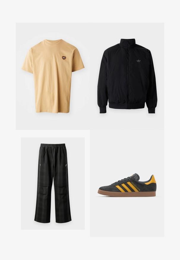 Svart zipjacka med hög krage, tillverkad av lätt material. Har elastiska cuffar och midja, med en liten logo på övre vänster.; Beige bomulls t-shirt med kort ärm, rund halsringning och en liten brun hjärta-logotyp på vänster bröstområde. Slät textur, avslappnad design.; Svarta rutiga byxor med elastisk midja, två framfickor och en lös passform med rak bendesign. Tillverkade av lätt material.; Svart mockaskor med gula accenter, med tre ränder och en brun gummisula. Inkluderar en vadderad tunga för extra komfort.