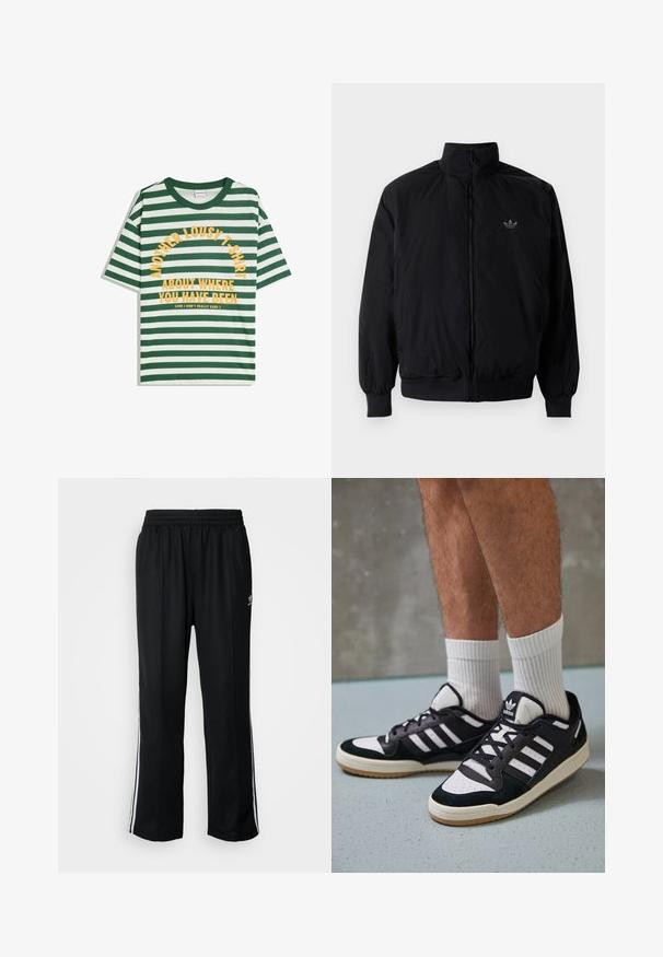 Svart zipjacka med hög krage, tillverkad av lätt material. Har elastiska cuffar och midja, med en liten logo på övre vänster.; Grön och vit randig T-shirt med korta ärmar, rund halsringning och gul tryckt text: "EN ANNAN DÅLIG T-SHIRT OM VAR DU HAR VARIT."; Svarta träningsbyxor med elastisk midja, med vita sidostreck och en liten logotyp. Materialet verkar mjukt och lätt.; Svartvita sneakers med ovandel i mocka och läder, med tre vita ränder, perforerad tå och sula av gummigummi.