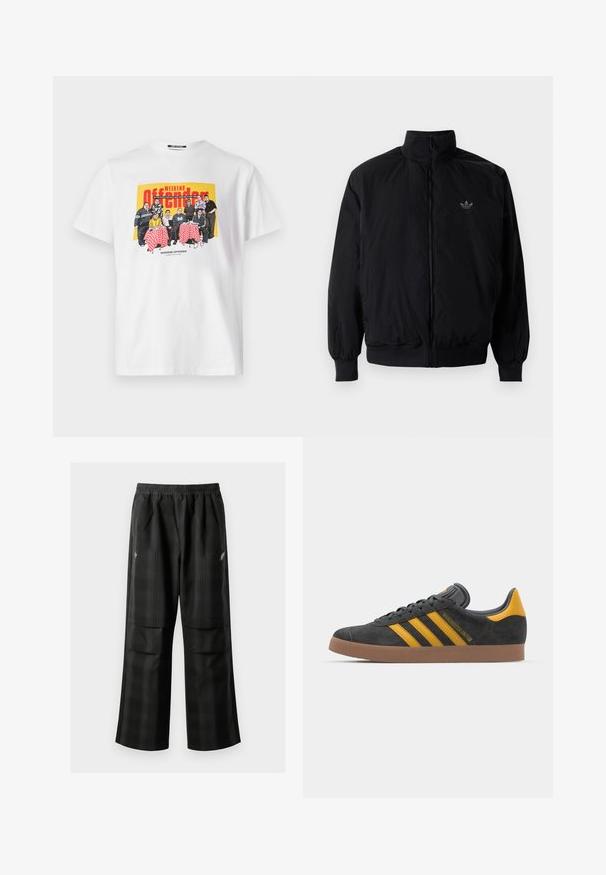 Svart zipjacka med hög krage, tillverkad av lätt material. Har elastiska cuffar och midja, med en liten logo på övre vänster.; Vit bomull t-shirt med en färgglad grafik av en grupp vid ett bord, med röd rutiga dukar och texten "WEEKEND OFFENDER."; Svarta rutiga byxor med elastisk midja, två framfickor och en lös passform med rak bendesign. Tillverkade av lätt material.; Svart mockaskor med gula accenter, med tre ränder och en brun gummisula. Inkluderar en vadderad tunga för extra komfort.