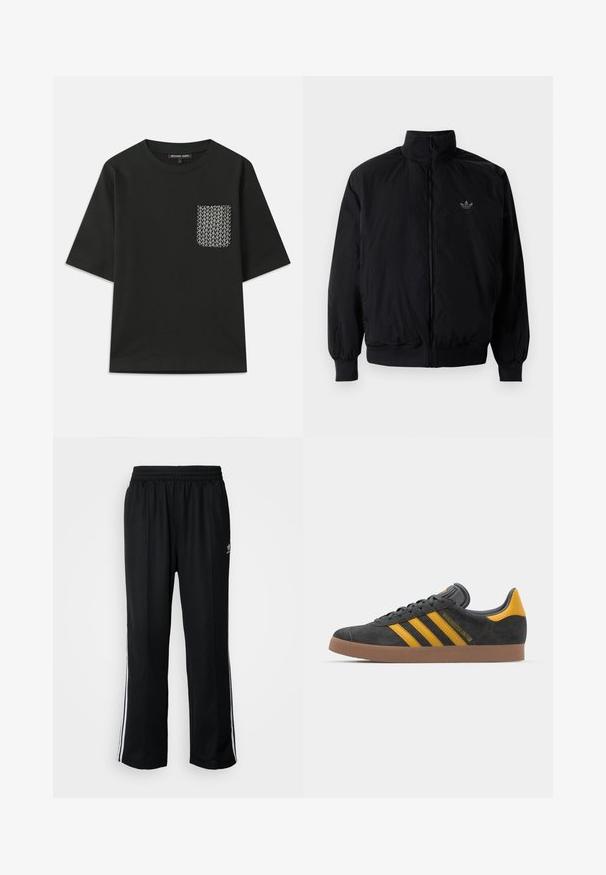 Crna jakna na zip s visokim ovratnikom, izrađena od laganog materijala. Ima elastične manžete i pojas, s malim logotipom na gornjem lijevom dijelu.; Crna pamučna majica s okruglim izrezom i kratkim rukavima. Ima uzorčanu džep na lijevoj strani s bijelim geometrijskim dizajnom.; Crne sportske hlače s elastičnom trakom oko struka, s bijelim bočnim prugama i malim logotipom. Materijal izgleda mekan i lagan.; Crne nubuk tenisice s žutim detaljima, sa tri pruge i smešnim gumenim potplatom. Imaju jastučić na jeziku za udobnost.