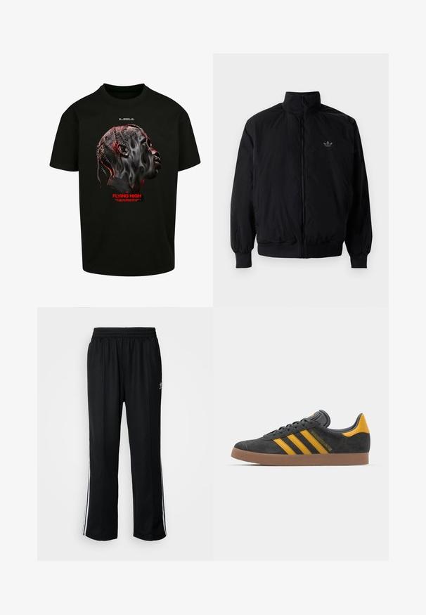Sort lynlåsjakke med høj krave, fremstillet af letvægtsmateriale. Har elastiske manchetter og talje, med et lille logo på øverste venstre side.; Sort bomulds T-shirt med et grafik af et stiliseret ansigt i nuancer af grå og rød, med rød tekst der læser "FLYING HIGH" nedenfor.; Sorte træningsbukser med elastisk talje, der har hvide sidestænger og et lille logo. Materialet ser blødt og let ud.; Sort suedet sneaker med gule accenter, der har tre striber og en brun gummisål. Inkluderer en polstret tunge for komfort.