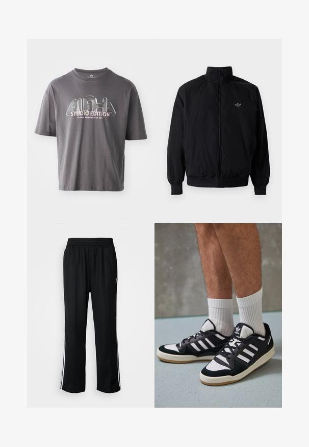 Sort lynlåsjakke med høj krave, fremstillet af letvægtsmateriale. Har elastiske manchetter og talje, med et lille logo på øverste venstre side.; Grå bomulds T-shirt med korte ærmer, forsynet med et glansfuldt "ALPHA STUDIO EDITION" logo i flerfarvede bogstaver centreret på fronten.; Sorte træningsbukser med elastisk talje, der har hvide sidestænger og et lille logo. Materialet ser blødt og let ud.; Sorte og hvide sneakers med en overdel i ruskind og læder, der har tre hvide striber, en perforeret tå og en sål i gummigummi.