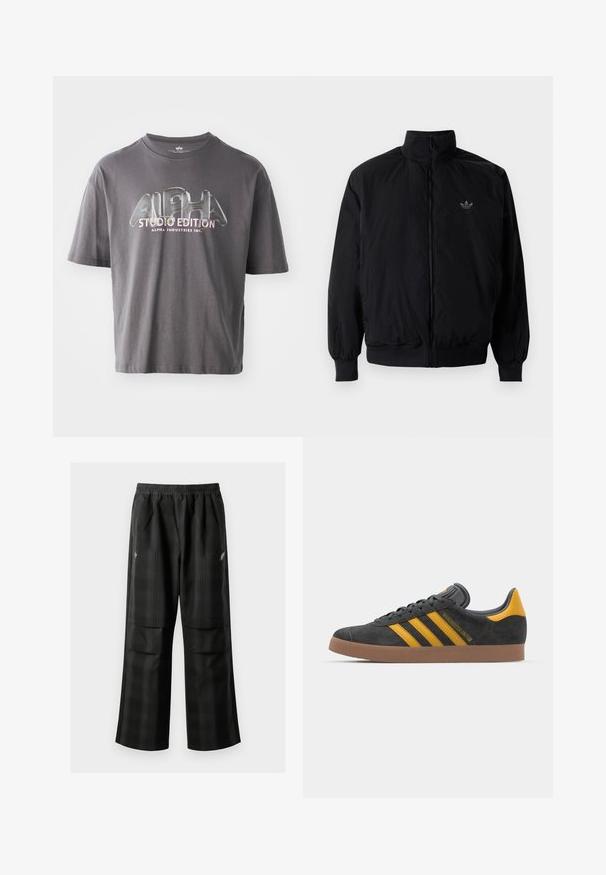 Black zipped jacket with high collar, made of lightweight material. Features elastic cuffs and waistband, with a small logo on the upper left.; Gray cotton t-shirt with short sleeves, featuring a glossy "ALPHA STUDIO EDITION" logo in multicolored lettering centered on the front.; Black plaid pants featuring an elastic waistband, two front pockets, and a loose fit with a straight leg design. Made from lightweight material.; Black suede sneaker with yellow accents, featuring three stripes and a brown rubber sole. Includes a padded tongue for comfort.