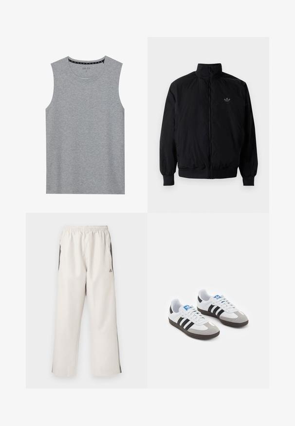 Giacca nera con zip e colletto alto, realizzata in materiale leggero. Presenta polsini e vita elastici, con un piccolo logo in alto a sinistra.; Maglietta senza maniche grigia, realizzata in tessuto morbido, con scollatura rotonda e design minimale arricchito da dettagli di cucitura sulle spalle.; Pantaloni da jogging beige chiaro con vita elasticizzata, tasche laterali, strisce nere sui lati e logo Adidas sulla coscia sinistra. Tessuto di superficie liscia.; Scarpe sportive con tomaia in pelle bianca, punta in suede grigia e tre strisce nere. Presentano un logo blu sulla linguetta e una suola in gomma testurizzata.
