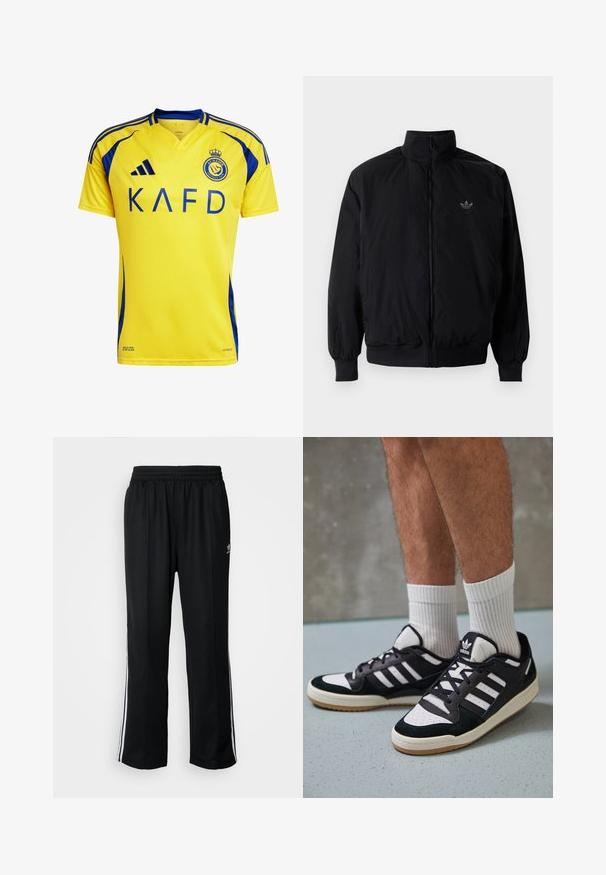Svart zipjacka med hög krage, tillverkad av lätt material. Har elastiska cuffar och midja, med en liten logo på övre vänster.; Gul fotbollströja med blå detaljer, med v-ringning, korta ärmar och "KAFD" tryckt i fet blå text.; Svarta träningsbyxor med elastisk midja, med vita sidostreck och en liten logotyp. Materialet verkar mjukt och lätt.; Svartvita sneakers med ovandel i mocka och läder, med tre vita ränder, perforerad tå och sula av gummigummi.