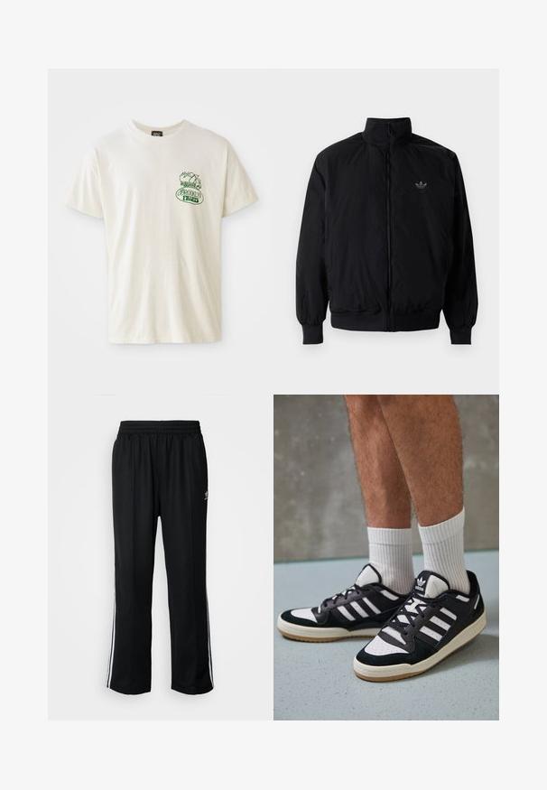 Černá zipová bunda s vysokým límcem, vyrobená z lehkého materiálu. Má elastické manžety a pas, s malým logem na horní levé straně.; Krátký rukáv krémové tričko vyrobené z bavlny. Obsahuje zelenou grafiku "Brooklyn Fruits" s košíkem čerstvé zeleniny a malým designem náklaďáku.; Černé sportovní kalhoty s elastickým pasem, s bílými bočními pruhy a malým logem. Materiál vypadá měkce a lehce.; Černobílé tenisky s vrchní částí z semišové a kožené kůže, včetně tří bílých pruhů, perforovaného špičky a podrážky z gumy.