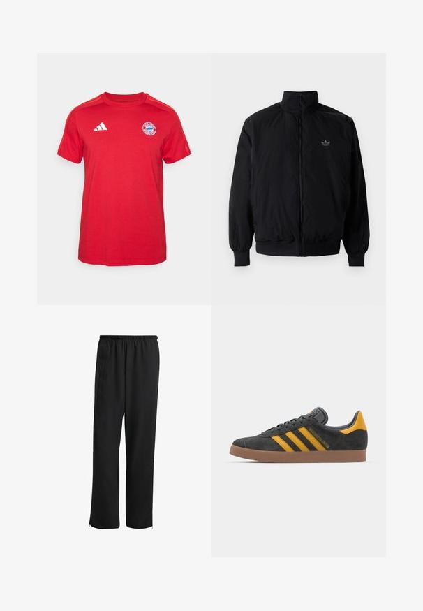 Černá zipová bunda s vysokým límcem, vyrobená z lehkého materiálu. Má elastické manžety a pas, s malým logem na horní levé straně.; Červené bavlněné tričko s krátkými rukávy, kulatým výstřihem, bílým logem adidas a erbem FC Bayern Mnichov na hrudi.; Černé sportovní kalhoty s elastickým pasem, rovnými nohavicemi, bočními kapsami a zipovými manžetami, vyrobené z hladké, lehké látky.; Černé semišové tenisky se žlutými akcenty, vybavené třemi pruhy a hnědou gumovou podrážkou. Obsahují polstrovaný jazyk pro pohodlí.